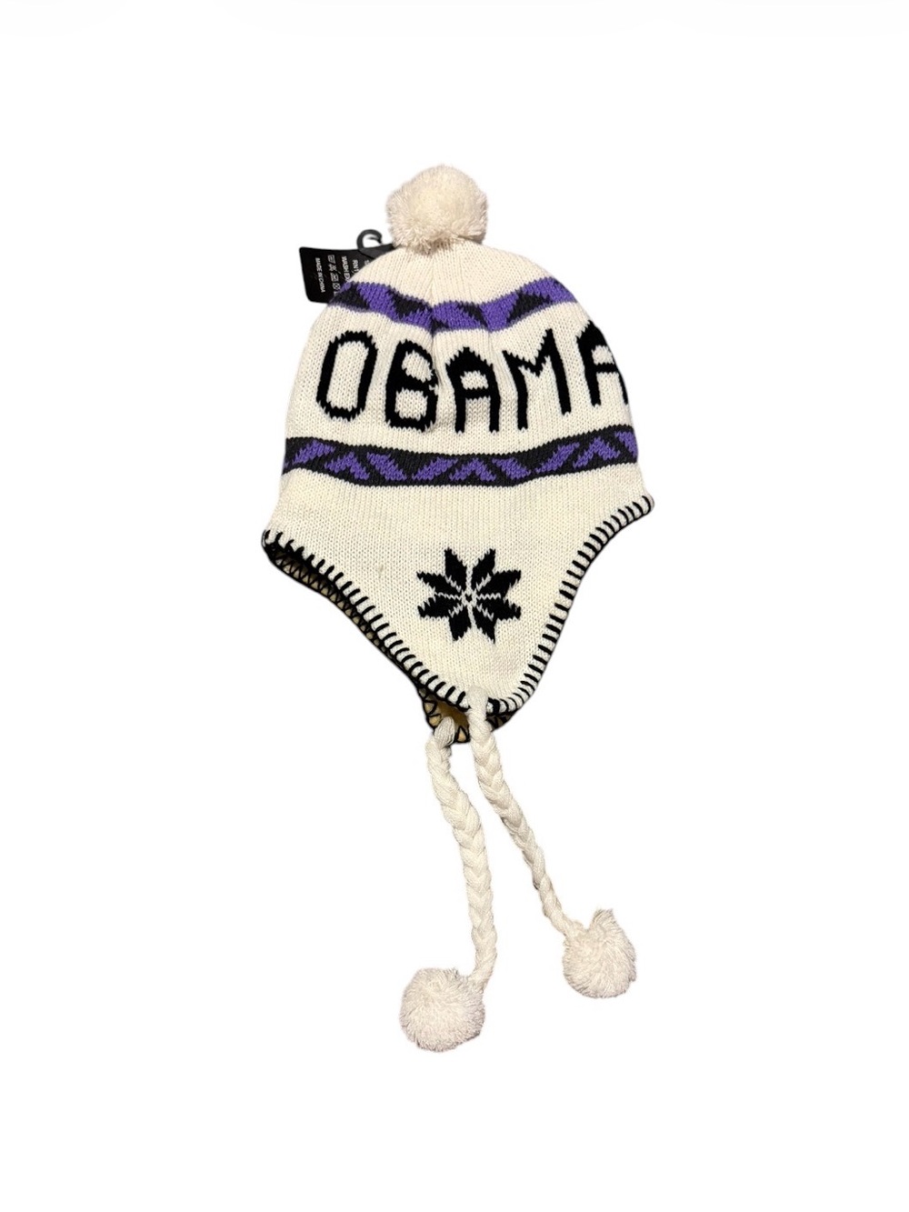Quirinus Cream and Purple Obama Knit Pom-Pom Earflap Hat